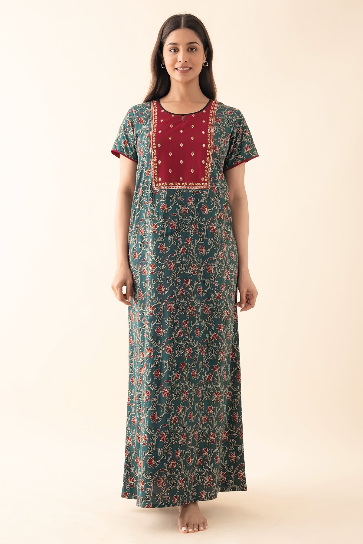 Floral Block Printed Nighty with Yoke Patchwork - Blue