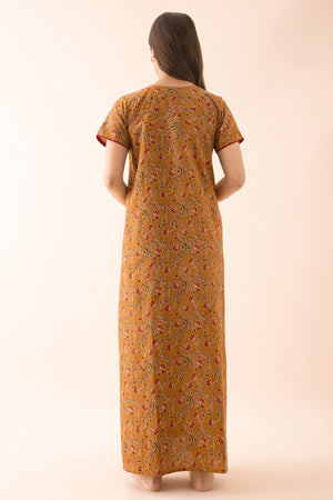 Floral Block Printed Nighty with Yoke Patchwork - Dark Mustard