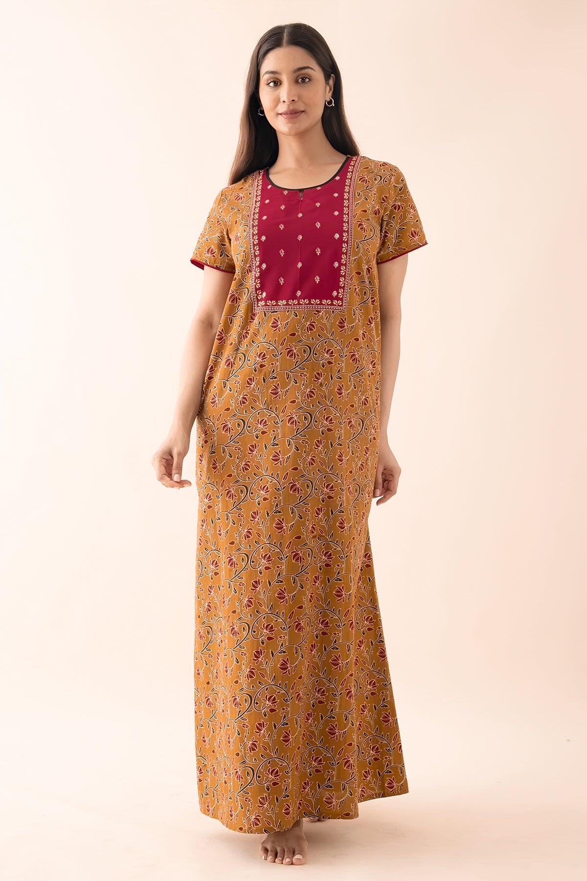 Floral Block Printed Nighty with Yoke Patchwork - Dark Mustard