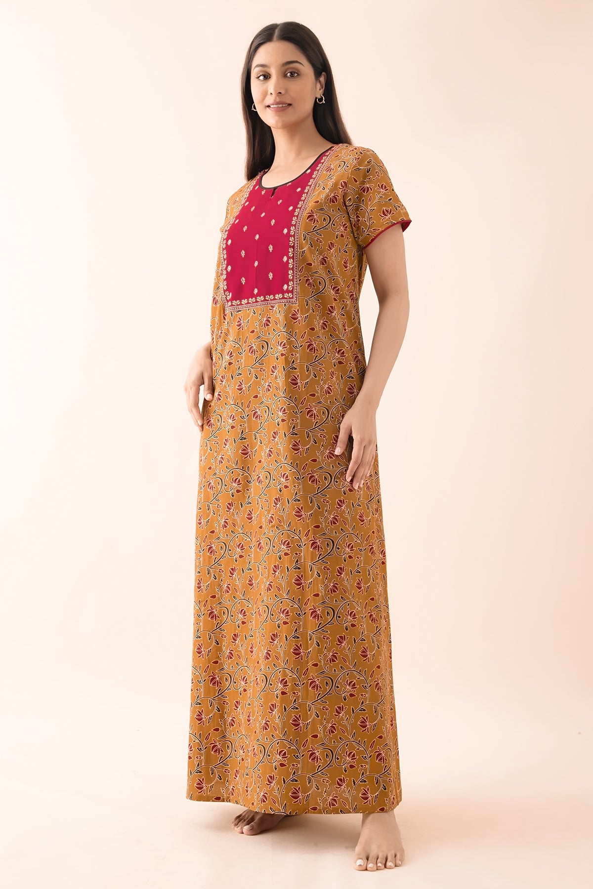 Floral Block Printed Nighty with Yoke Patchwork - Dark Mustard