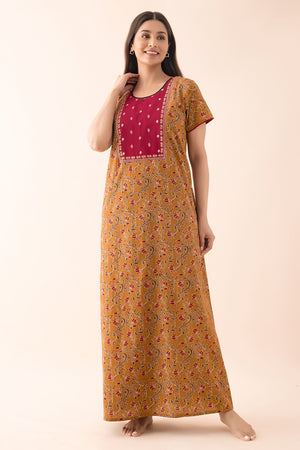 Floral Block Printed Nighty with Yoke Patchwork - Dark Mustard