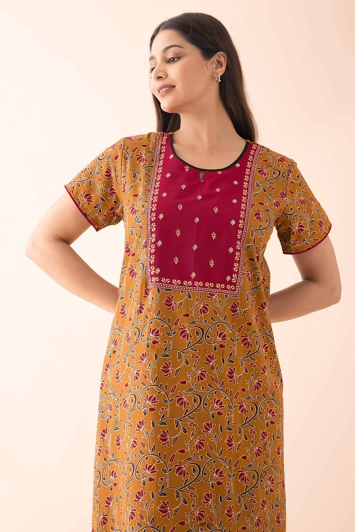 Floral Block Printed Nighty with Yoke Patchwork - Dark Mustard