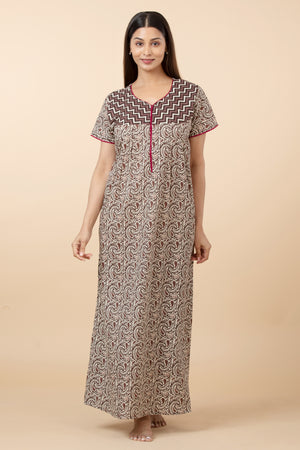 Paisley Printed Cotton Nighty - Brown