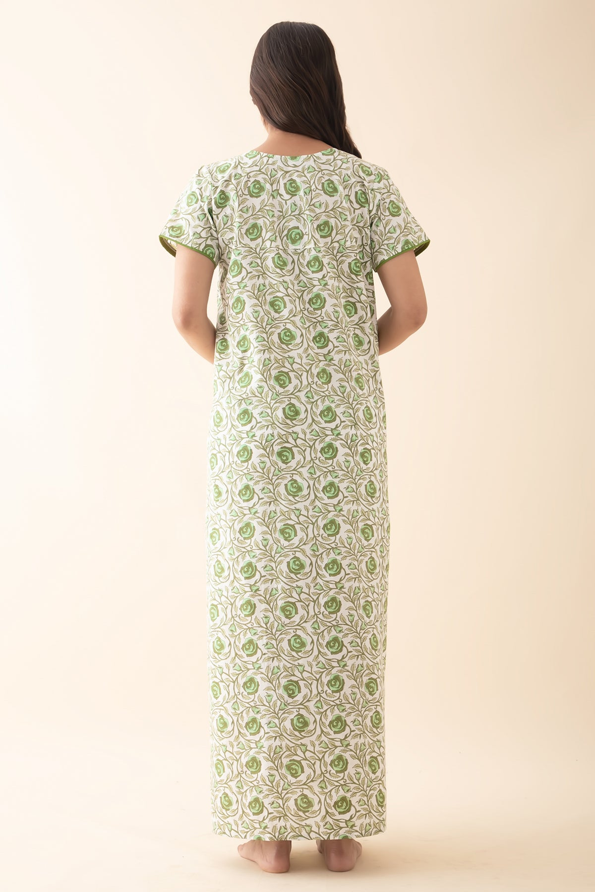 Floral Embroidered & Printed Nighty - Green