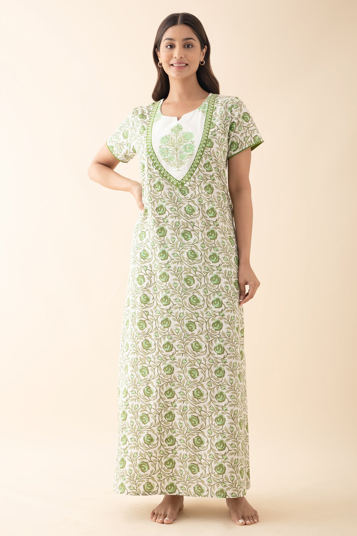 Floral Embroidered & Printed Nighty - Green