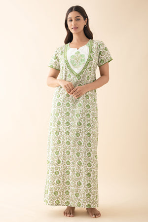 Floral Embroidered & Printed Nighty - Green