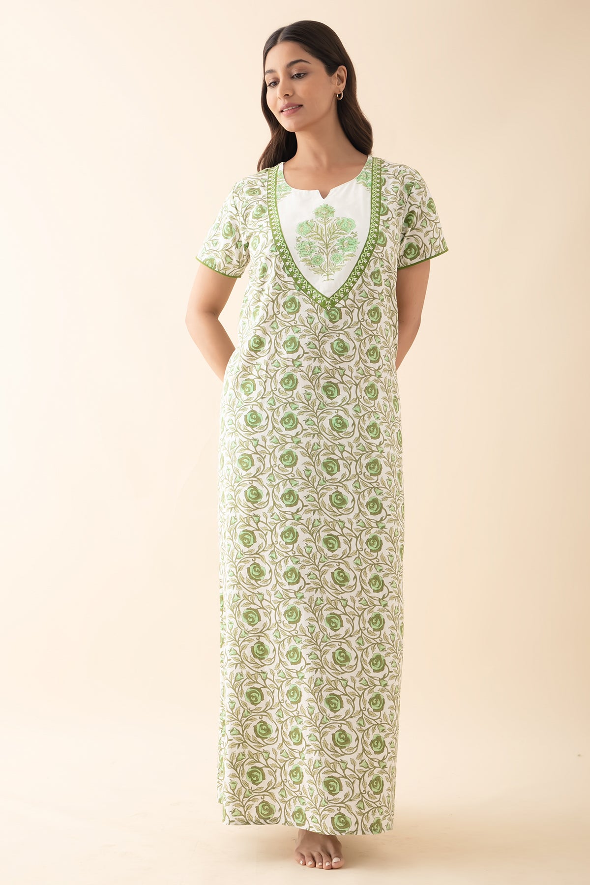 Floral Embroidered & Printed Nighty - Green