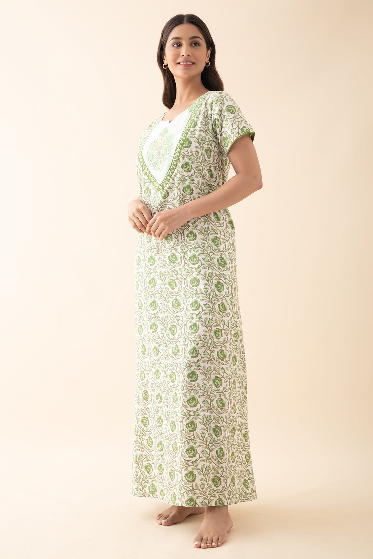 Floral Embroidered & Printed Nighty - Green