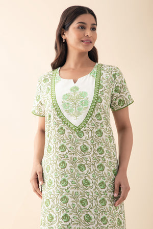 Floral Embroidered & Printed Nighty - Green