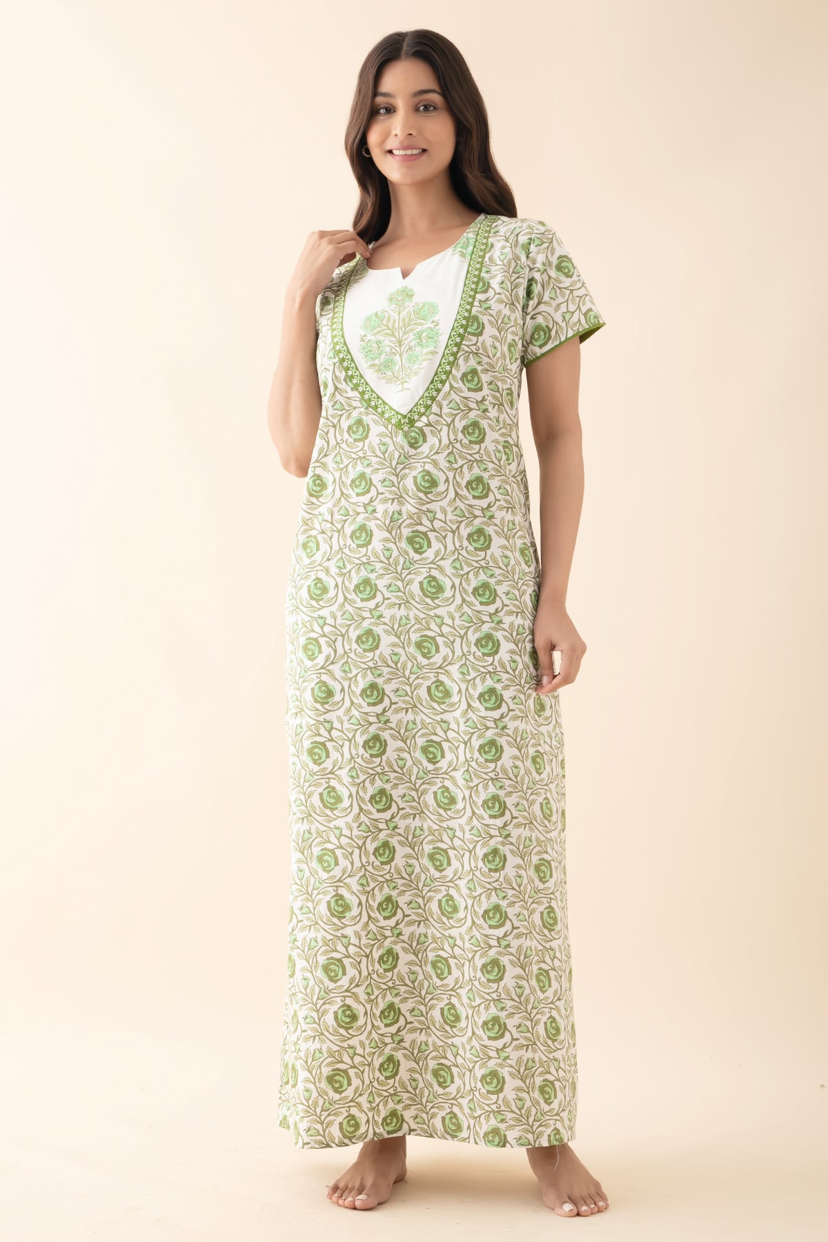 Floral Embroidered & Printed Nighty - Green