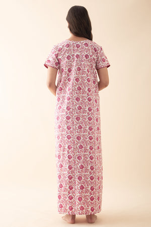 Floral Embroidered & Printed Nighty - Pink