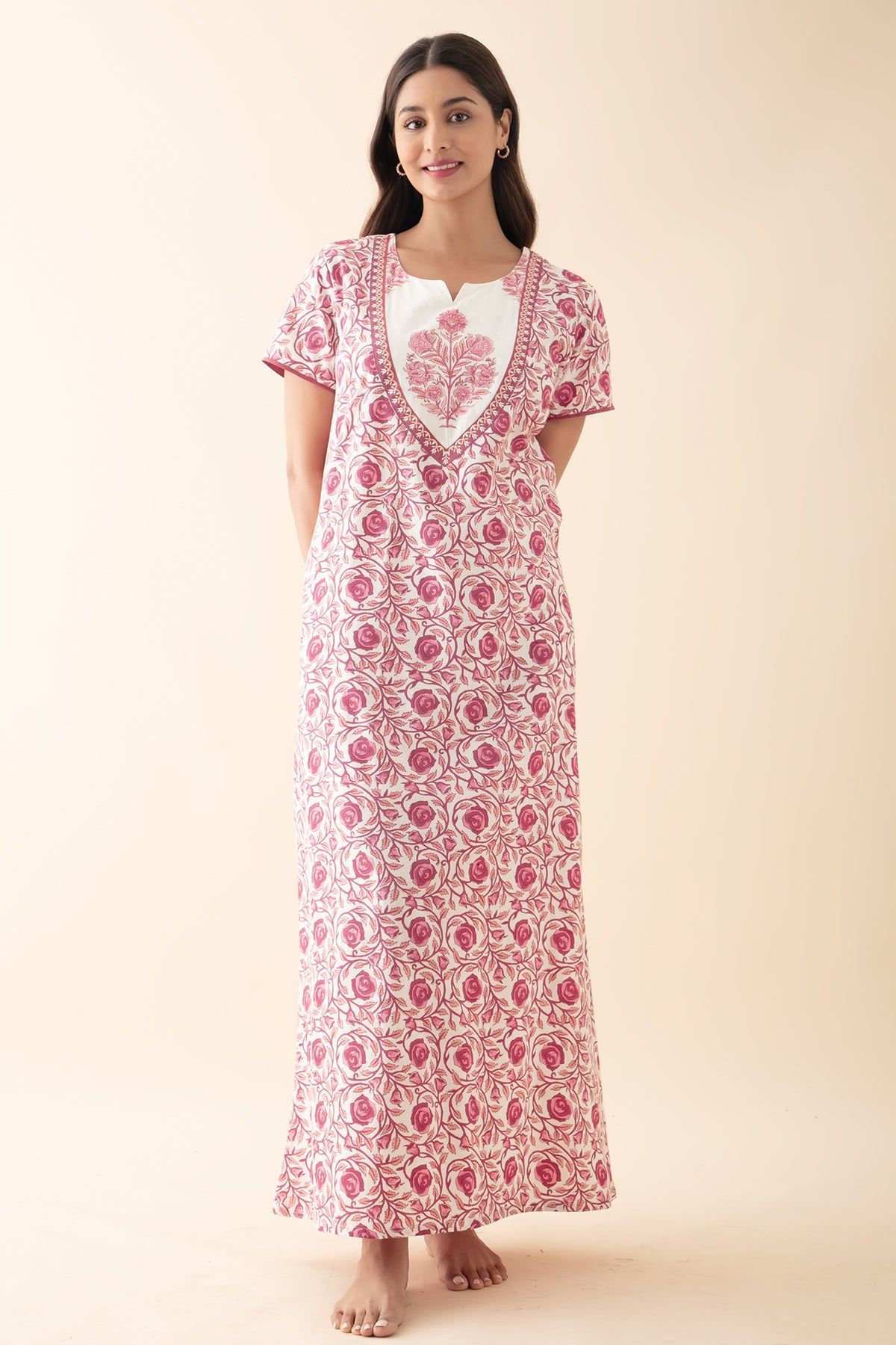 Floral Embroidered & Printed Nighty - Pink