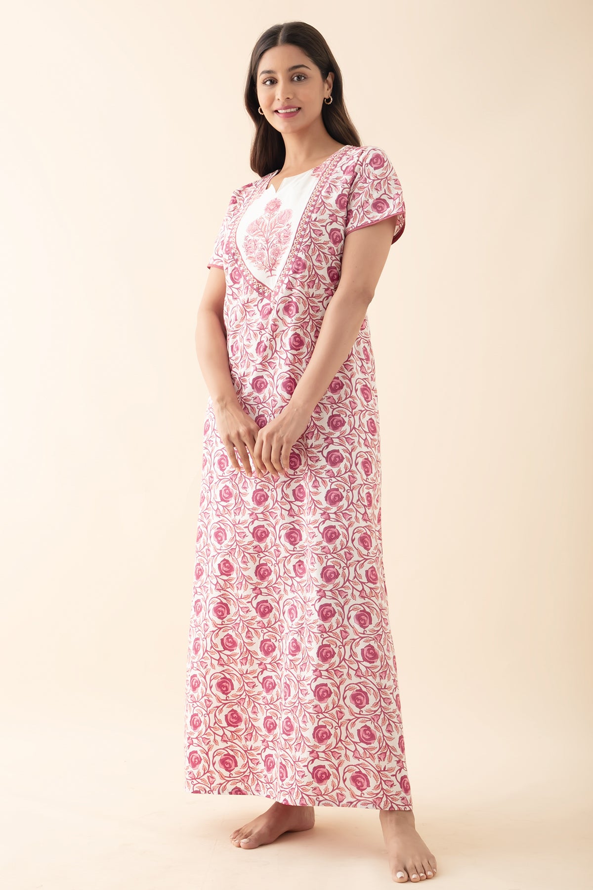 Floral Embroidered & Printed Nighty - Pink