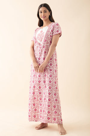 Floral Embroidered & Printed Nighty - Pink