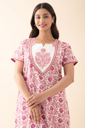 Floral Embroidered & Printed Nighty - Pink