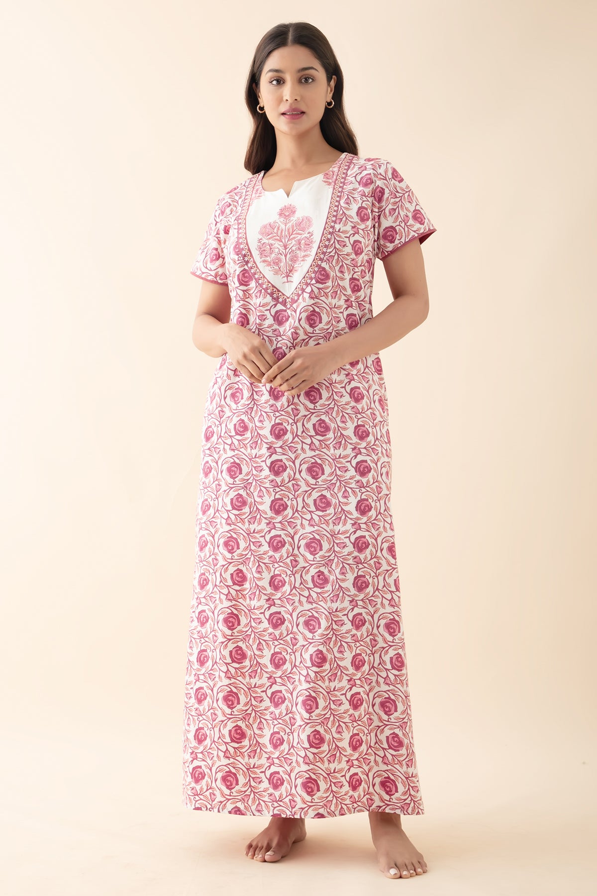 Floral Embroidered & Printed Nighty - Pink