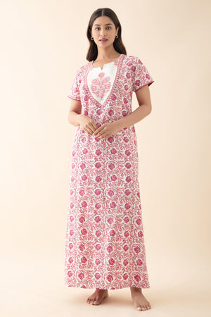 Floral Embroidered & Printed Nighty - Pink