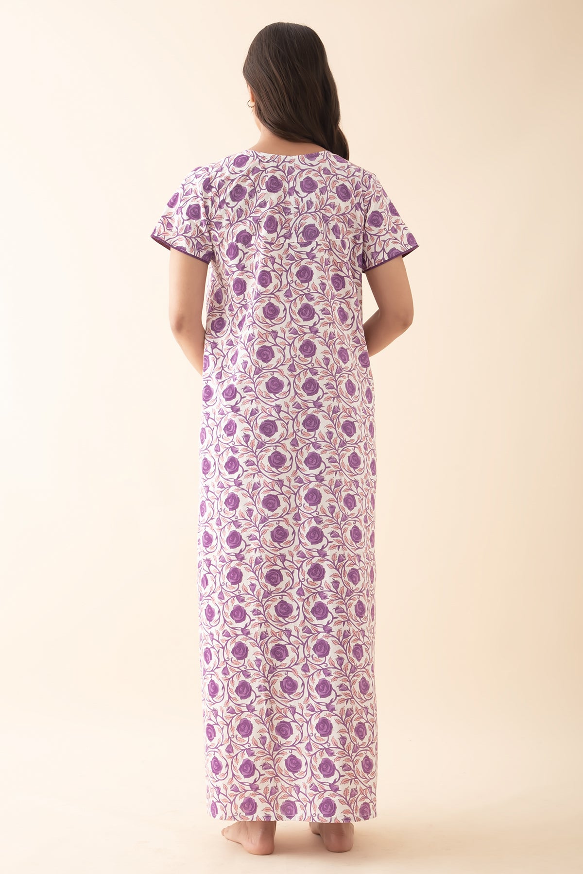 Floral Embroidered & Printed Nighty - Purple