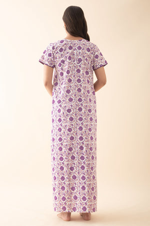 Floral Embroidered & Printed Nighty - Purple