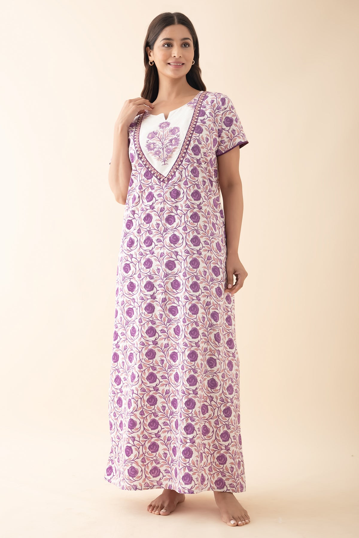 Floral Embroidered & Printed Nighty - Purple