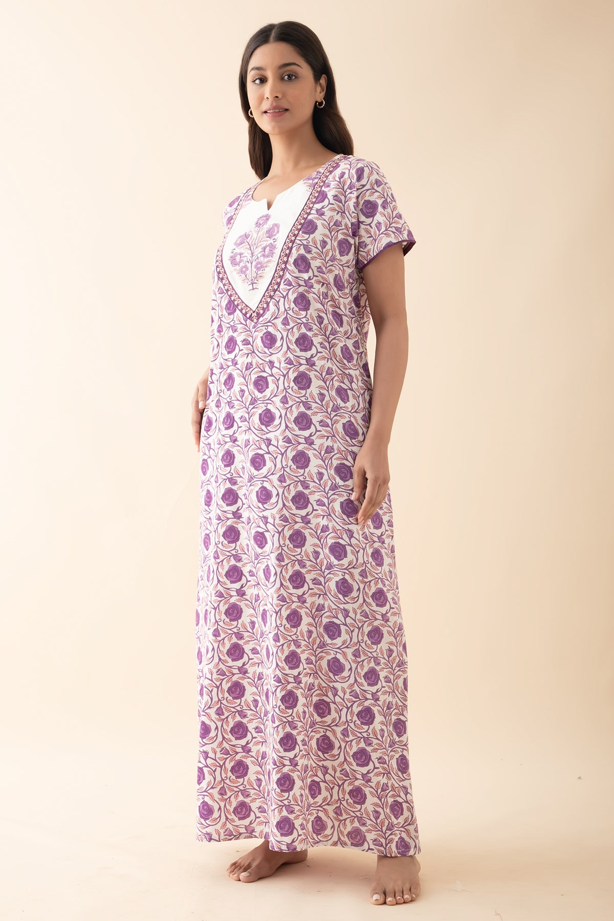 Floral Embroidered & Printed Nighty - Purple