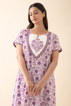 Floral Embroidered & Printed Nighty - Purple