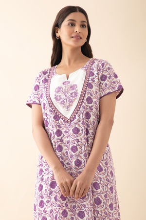 Floral Embroidered & Printed Nighty - Purple