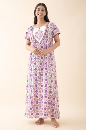 Floral Embroidered & Printed Nighty - Purple