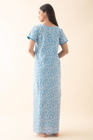 Floral Printed & Embroidered Nighty - Blue