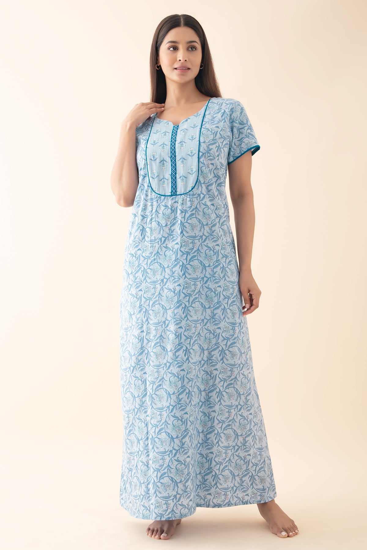 Floral Printed & Embroidered Nighty - Blue