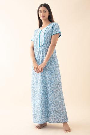 Floral Printed & Embroidered Nighty - Blue