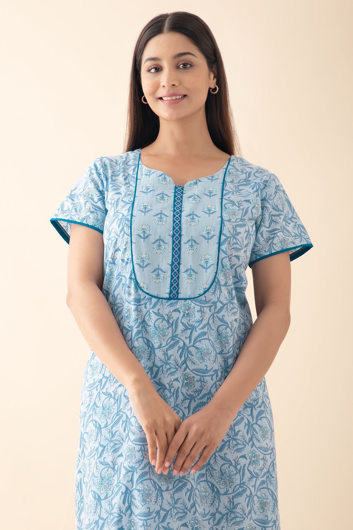 Floral Printed & Embroidered Nighty - Blue