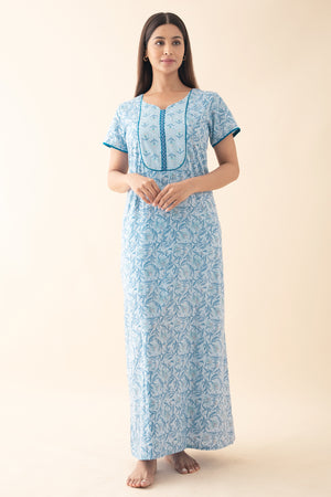 Floral Printed & Embroidered Nighty - Blue