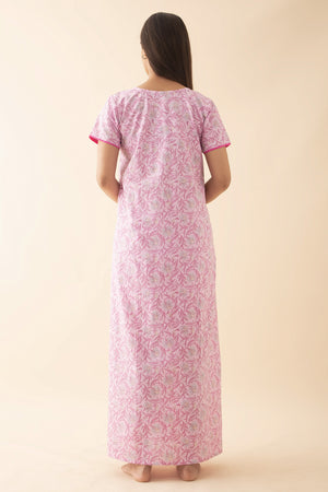 Floral Printed & Embroidered Nighty - Pink