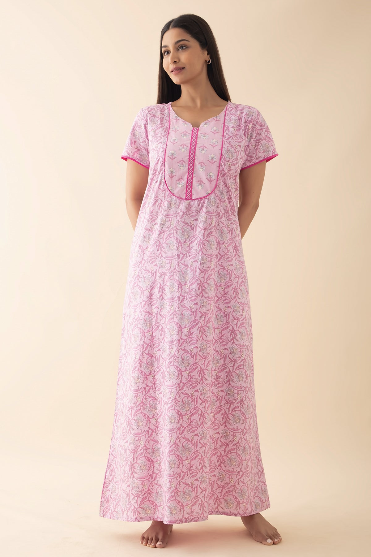 Floral Printed & Embroidered Nighty - Pink