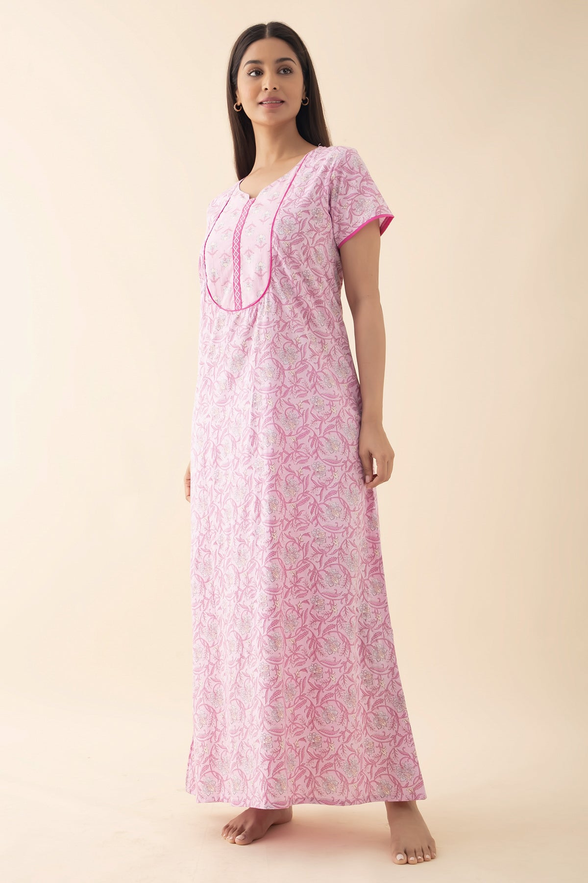 Floral Printed & Embroidered Nighty - Pink