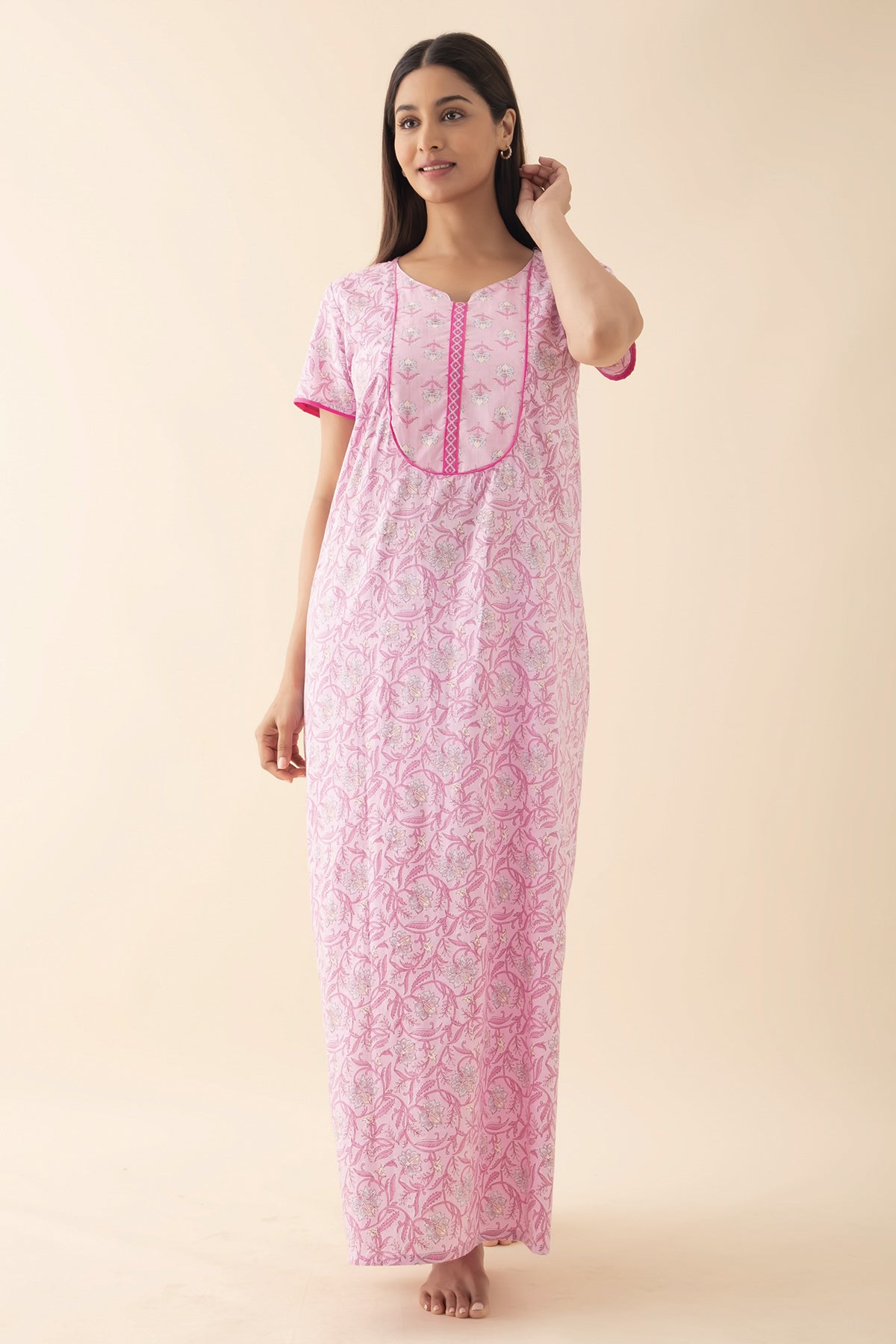 Floral Printed & Embroidered Nighty - Pink