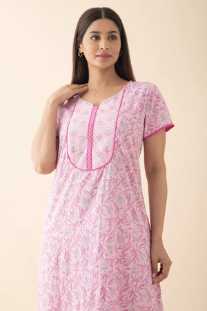 Floral Printed & Embroidered Nighty - Pink