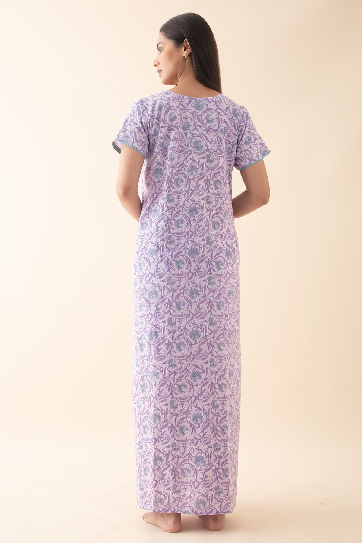 Floral Printed & Embroidered Nighty - Purple