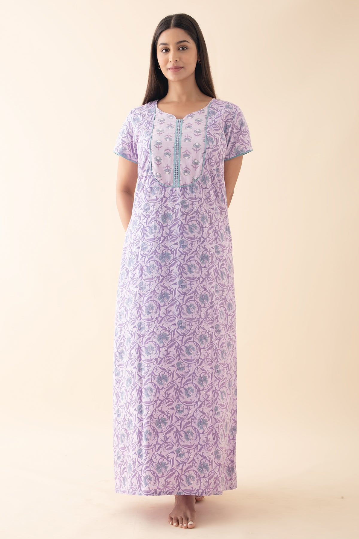 Floral Printed & Embroidered Nighty - Purple