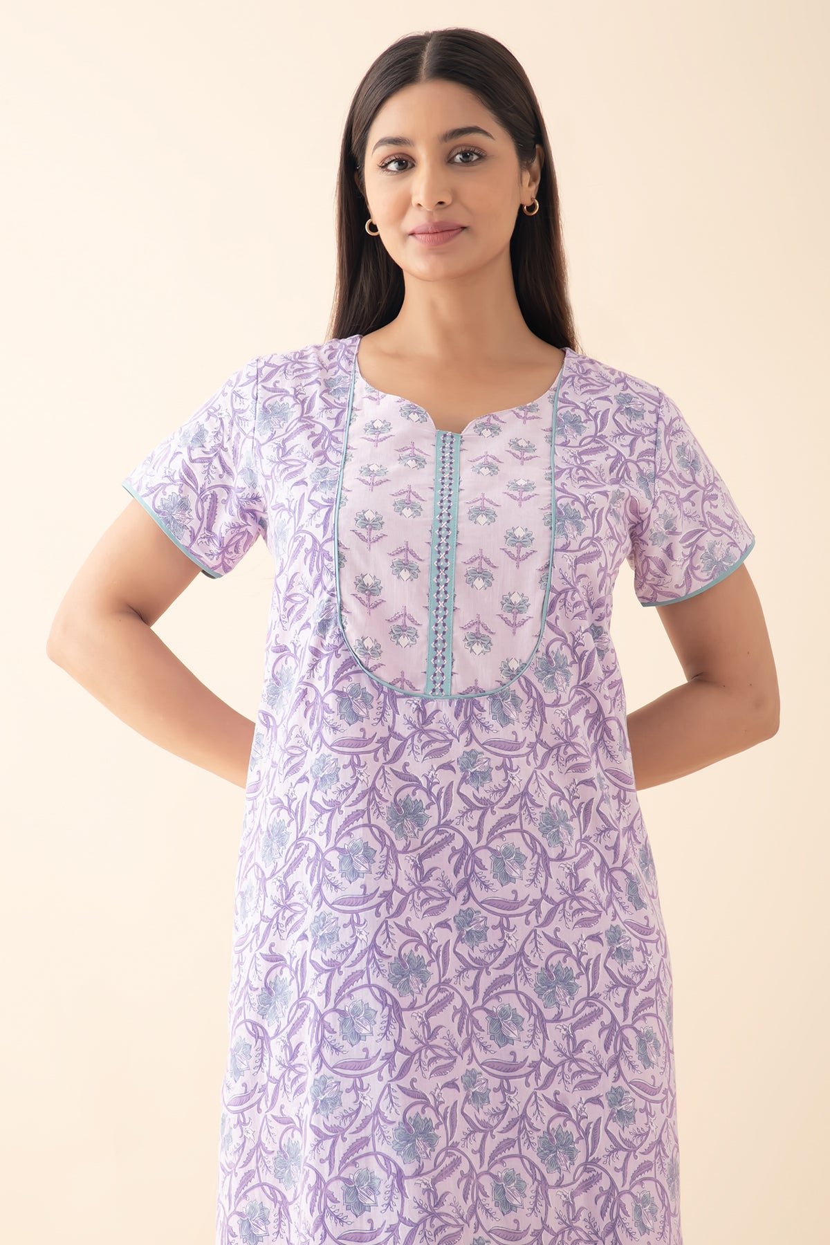 Floral Printed & Embroidered Nighty - Purple