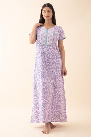 Floral Printed & Embroidered Nighty - Purple