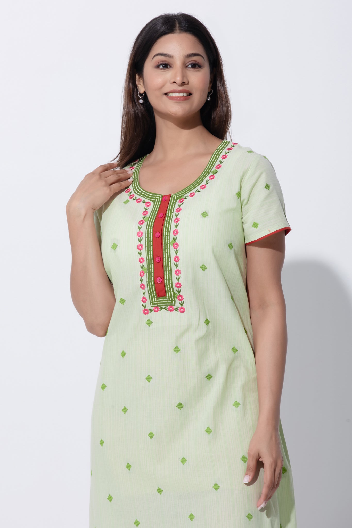 Light Green Cotton Nightwear with Embroidered Yoke with Button