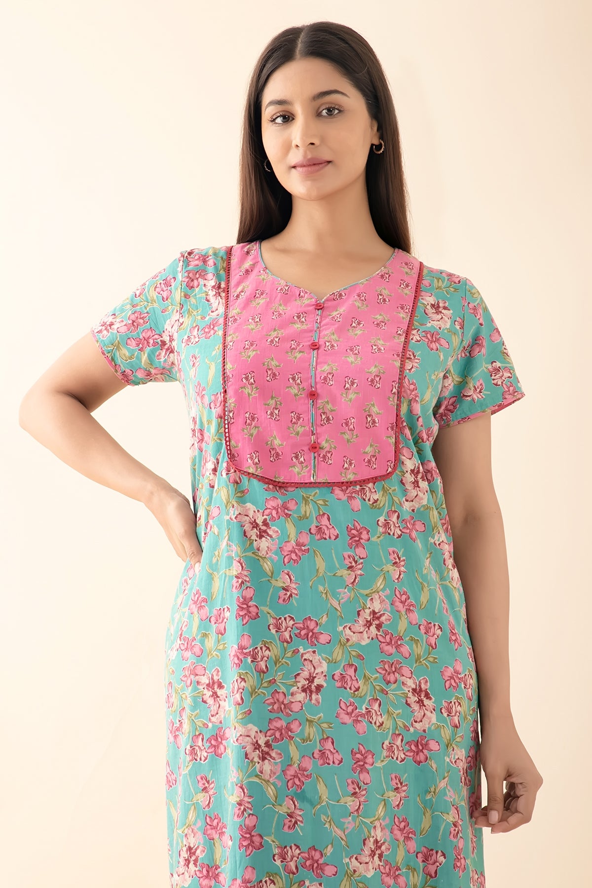 Floral Printed Nighty with Lace Embellishment - Blue