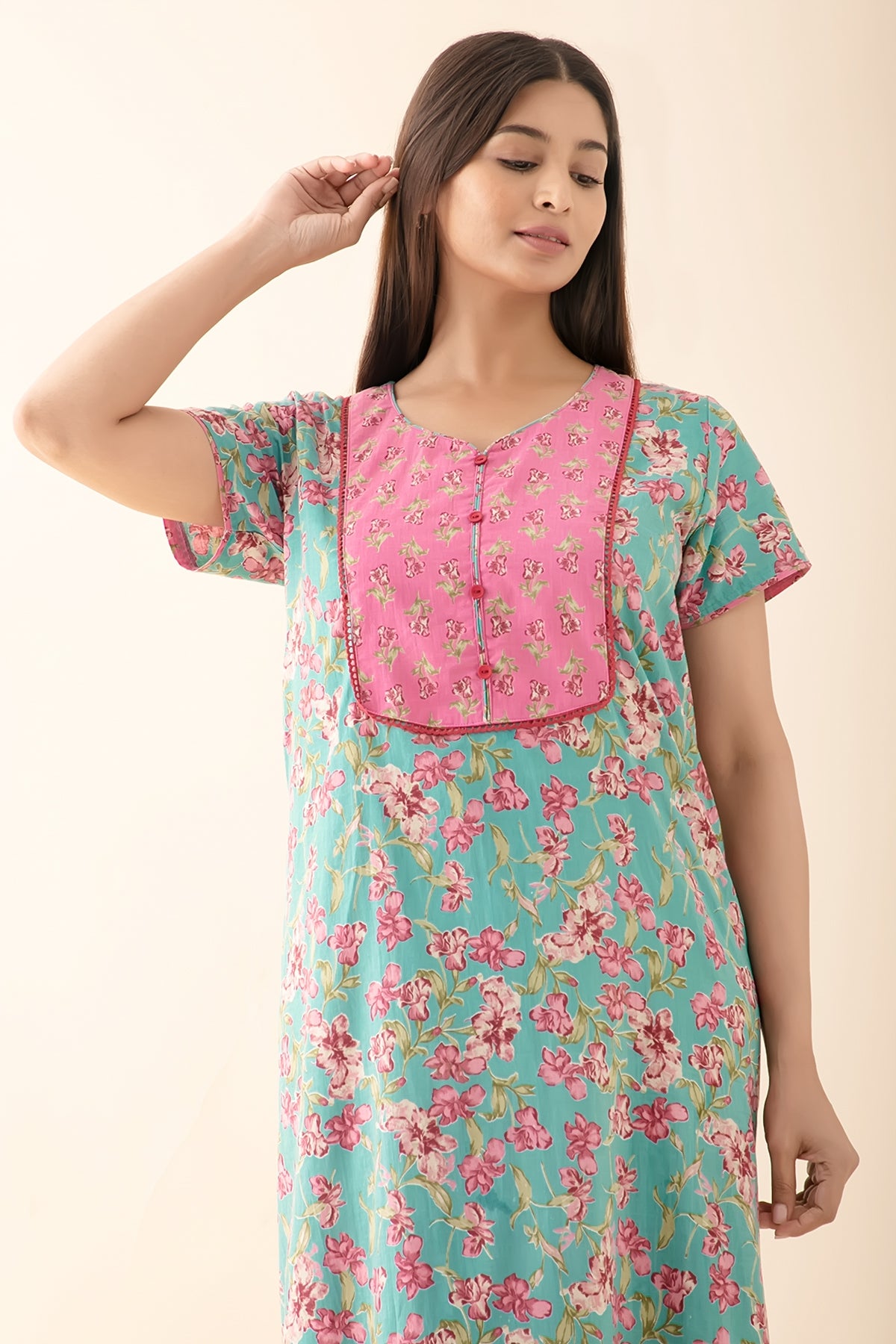 Floral Printed Nighty with Lace Embellishment - Blue