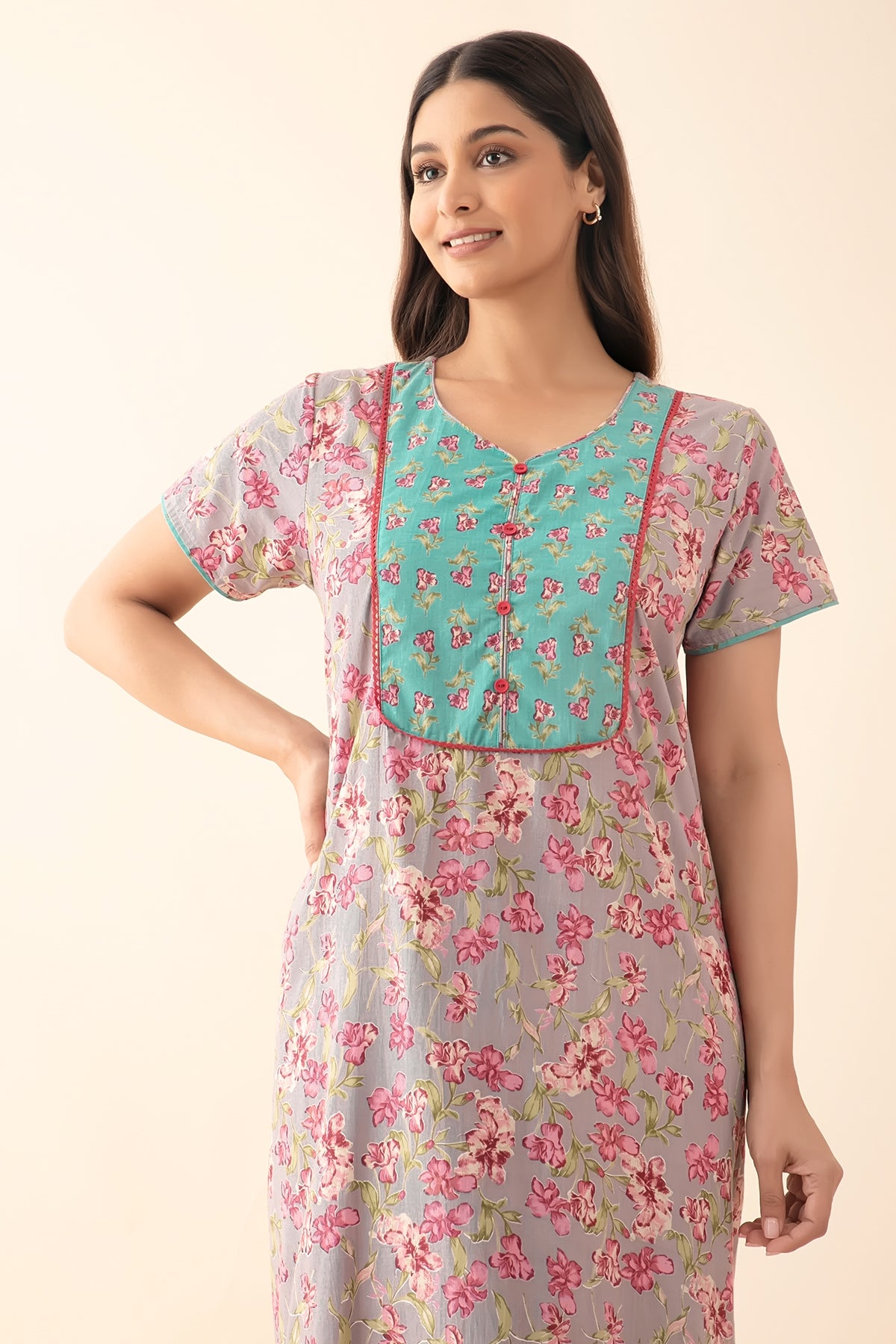 Floral Printed Nighty with Lace Embellishment - Grey