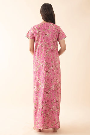 Floral Printed Nighty with Lace Embellishment - Pink