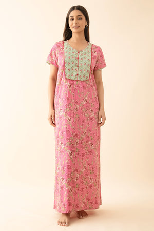 Floral Printed Nighty with Lace Embellishment - Pink