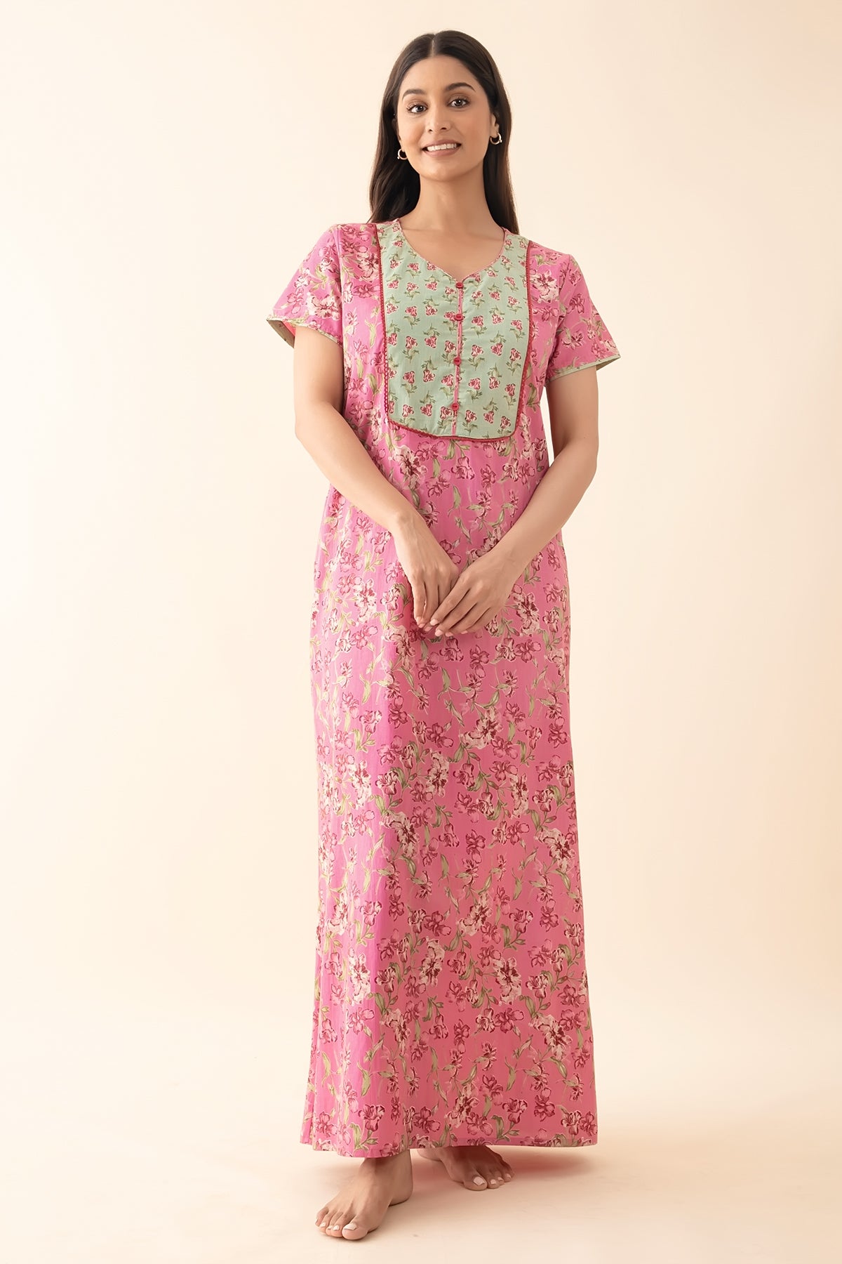 Floral Printed Nighty with Lace Embellishment - Pink