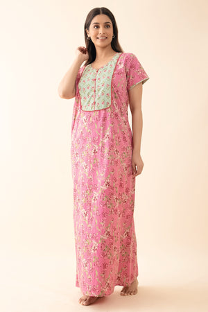 Floral Printed Nighty with Lace Embellishment - Pink